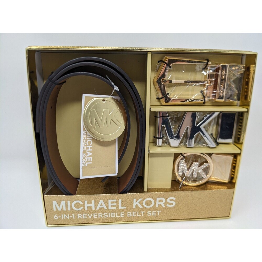 Michael Kors Boxed Belt Set 6 In 1 Adjust To Fit Brown Logo Buckle Gift Box $148